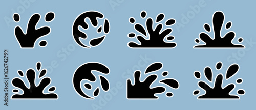 Black liquid splashes and droplets on a light blue background water white