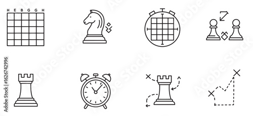 Minimalist black and white chess pieces and game elements illustrations