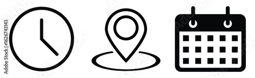 Time, Calendar, Date, and Location Icon set vector Illustration