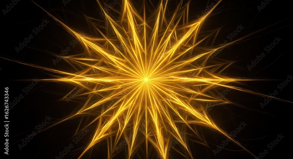 Naklejka premium Radiant starburst of golden light emanating from a central focal point on black