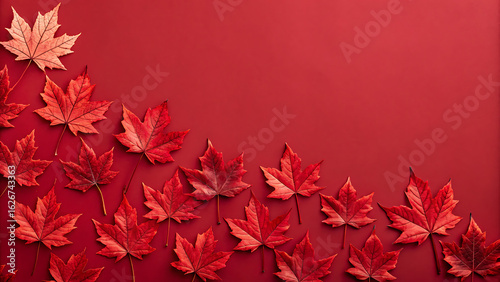 Autumnal red maple leaves arranged artistically on a deep red background with copy space