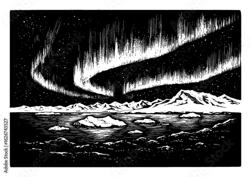 Antarctica Landscape with Aurora Borealis Night Sky Black and White Outline Line Art Drawing
