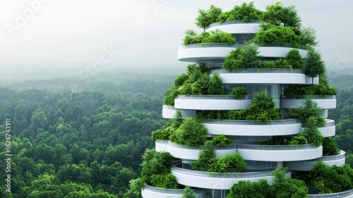 A futuristic building integrated with greenery, rising above a lush forest landscape, showcasing modern architecture and environmental harmony.