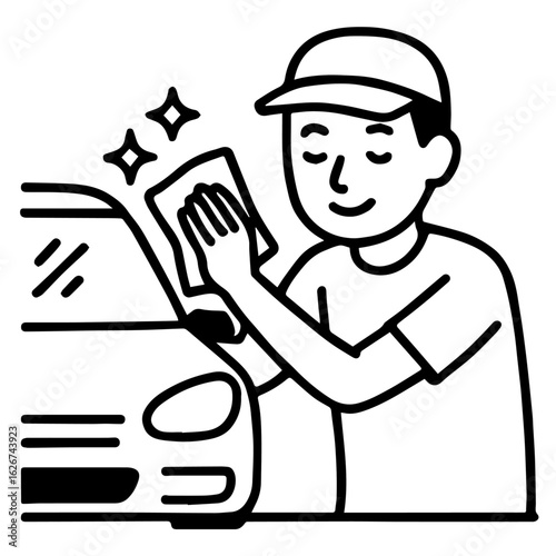 Man Washing and Polishing Car - Black and White Vector