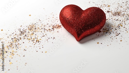 Sparkling red heart glitter decoration on white background. Festive, shiny symbol of love, passion, and celebration. Perfect for romantic messages, Valentine cards, or holiday designs.