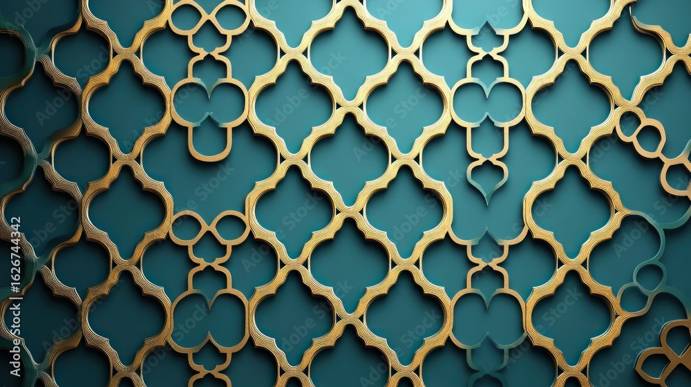 Fototapeta premium Teal and gold geometric Islamic pattern.