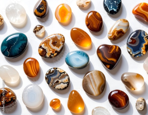 Assorted polished stones arranged on white background
