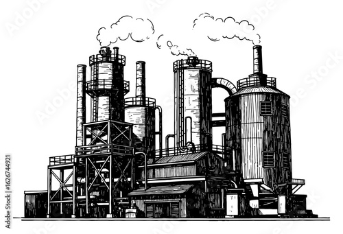 Industrial Buildings Scenery with Factory Plant and Smoke Black and White Outline Line Art Drawing