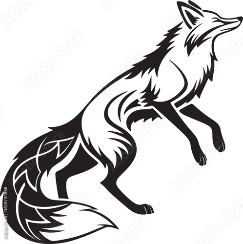 A stylized fox illustrated in a circular form, showcasing its characteristic features like ears and tail in a unique design