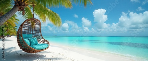Summer escape on a tropical beach with a woven hanging chair under a leaning coconut tree. featuring soft blue cushions and clear skies, perfect for wellness retreats and serene travel concepts.