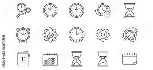 Time and date vector icons set depicting clocks hourglasses calendars and reminders