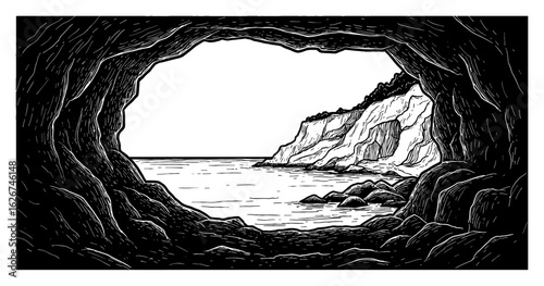 View from Inside a Cave with Sea and Rocks Panorama Black and White Outline Line Art Drawing Simple Style
