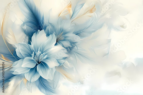Ethereal Blue and White Floral and Feather Design with Soft Lighting and Dreamy Atmosphere