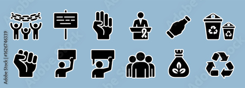 Set of black glyph icons for social activism, environmental protest, and community awareness.
