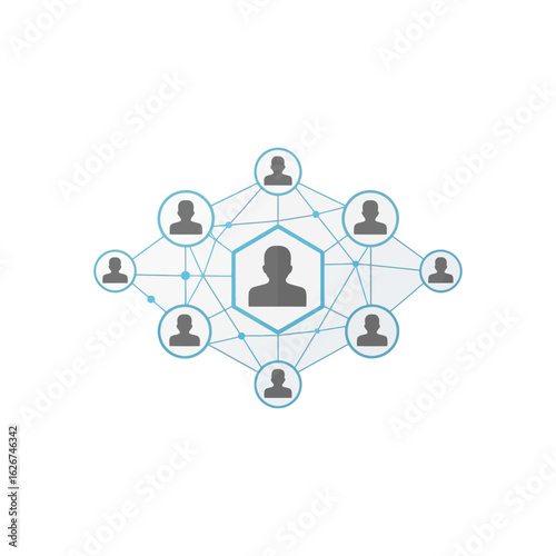 Network of people icons connected by lines on a white background.