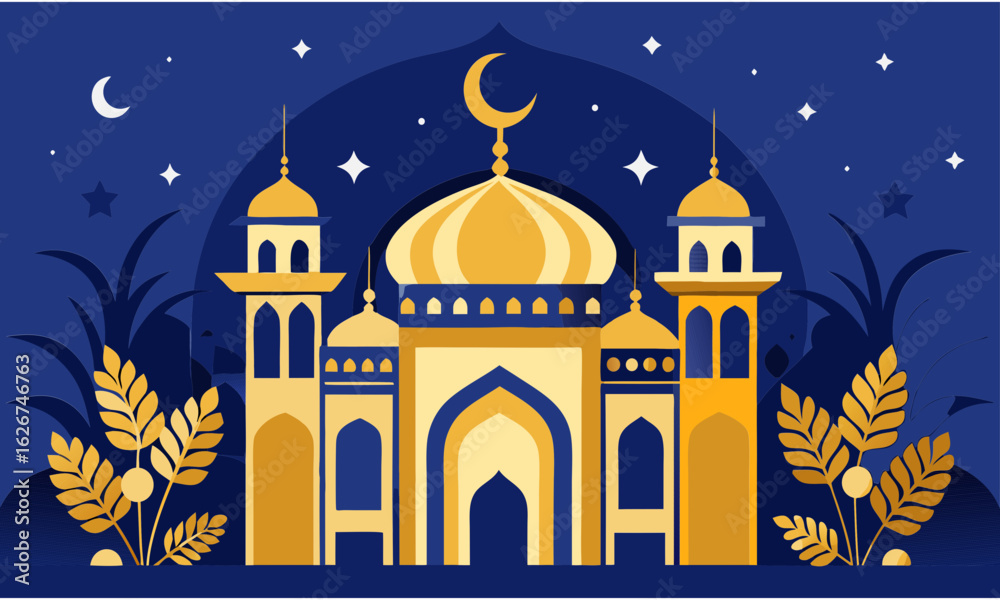 Fototapeta premium Islamic mosque with crescent moon and stars on a dark blue background