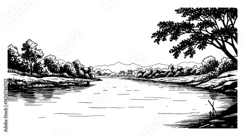 Empty River and Trees Landscape with Chinese Oriental Art Style Black and White Outline Line Art Drawing