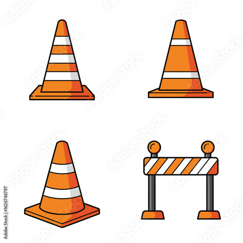 Traffic cones and a barrier isolated on white background, used for road construction, safety, and warning of hazards, with orange stripes and reflective materials