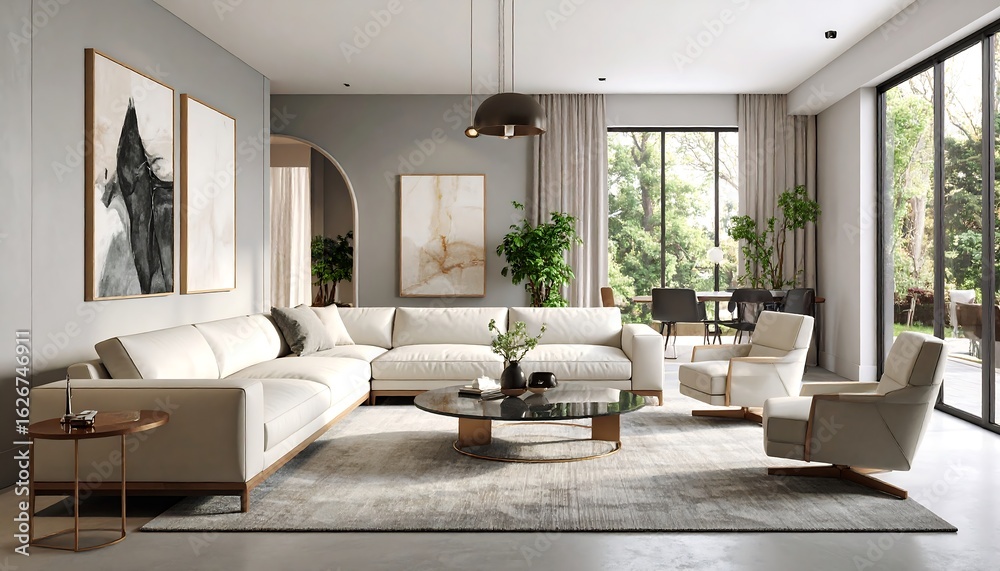 Fototapeta premium Modern living room interior with large windows