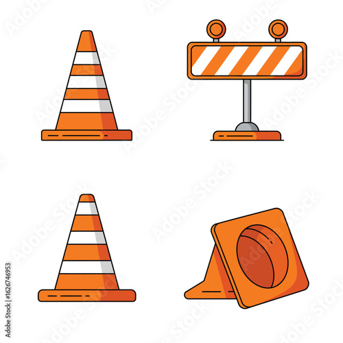 Traffic cones and a barrier isolated on white background, used for road construction, safety, and warning of hazards, with orange stripes and reflective materials