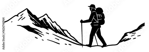 Person Hiking in Mountain Landscape with Backpack Trekking Poles Black and White Outline Line Art Drawing