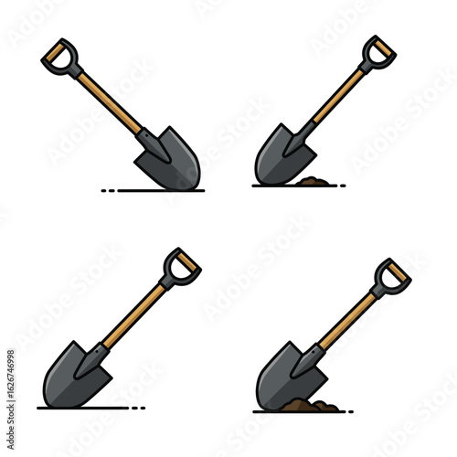 Four shovels in different positions, one with soil, isolated on white background, perfect for gardening, agriculture, or construction projects