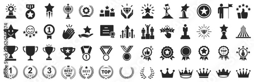 Set of winning award and prize icons, trophy reward, victory trophy signs depicting an award, victory cup achievement, winner medal - vector