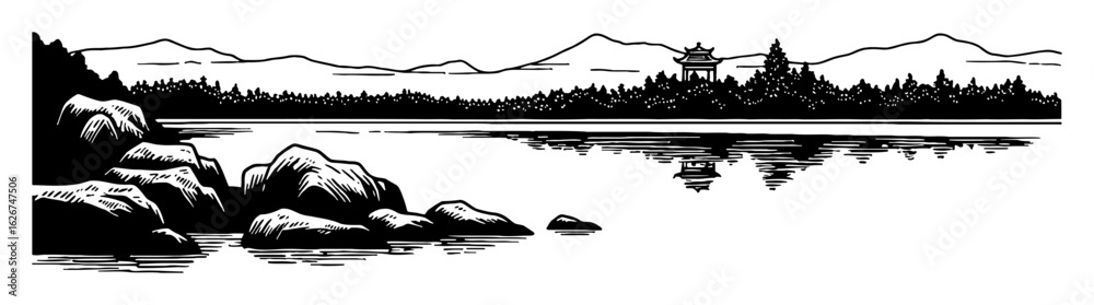 Naklejka premium Oriental Black and White Outline Line Art Drawing of Empty Lake Rocks Landscape with Chinese Pagoda and Mountains