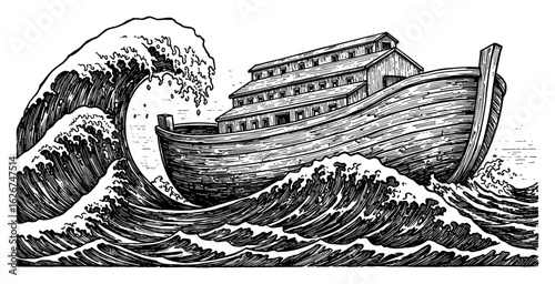 Empty Noahs Ark Floating Amidst Gigantic Tsunami Waves in Detailed Black and White Outline Line Art Drawing