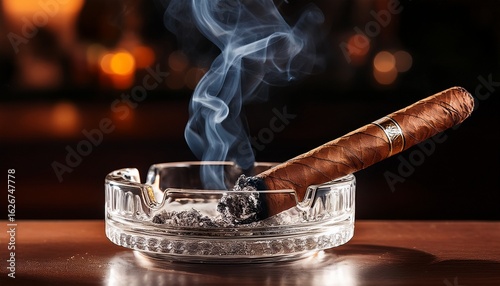 a burning cigar rests in a clear crystal ashtray showing accumulated ash and tobacco ideal for themes of relaxation luxury or vice