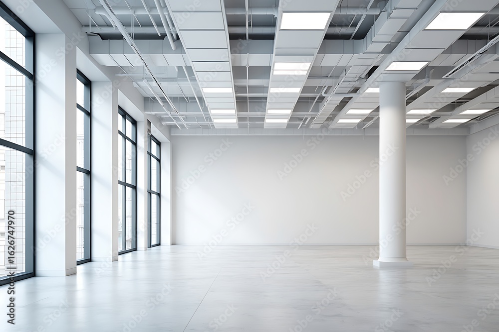 Fototapeta premium Expansive Contemporary Open Plan Office Space With Large Windows Natural Light And Modern Ceiling Design Providing Ample Room For Future Business Growth And Customization Opportunities