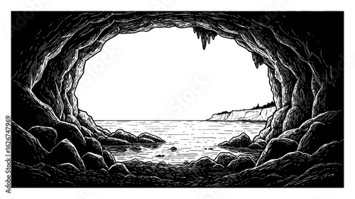 A View from Inside the Cave Looking Out to the Sea and Rocks Panorama Black and White Outline Line Art Drawing