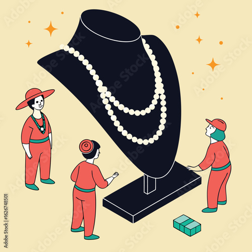 "Elegant Pearl Necklace Display with People Illustration"

