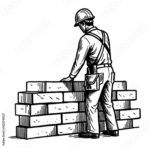 Man Building Brick Wall Worker Rear View Wearing Hard Hat Black and White Outline Line Art Drawing