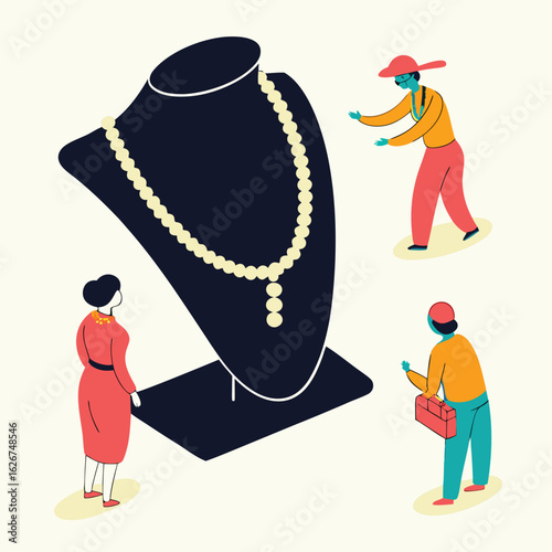 "Elegant Pearl Necklace Display with People Illustration"


