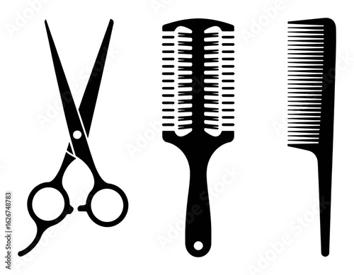 Black silhouette of scissors and combs hair styling