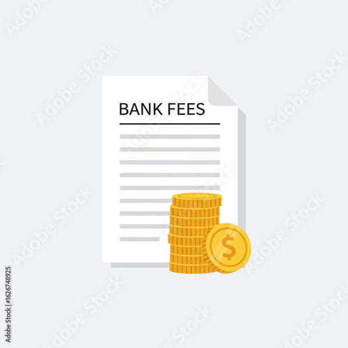Bank fees document with stack of gold coins illustration on light background.