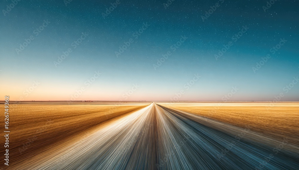Naklejka premium A long, straight road stretches into a vast, golden-toned landscape under a vibrant twilight sky dotted with stars. Motion blur creates streaks of light, emphasizing the road's extension