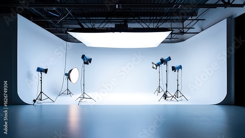 Professional photo and video production studio featuring a large white cyclorama background. The empty set is prepared with various modern lighting equipment for a commercial shoot.