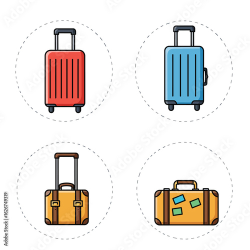 Four colorful suitcases with handles and wheels isolated on white background, perfect for travel, vacation, or business trips, showcasing different styles and colors