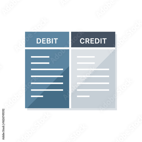 Debit versus credit illustration with blue and gray color scheme.