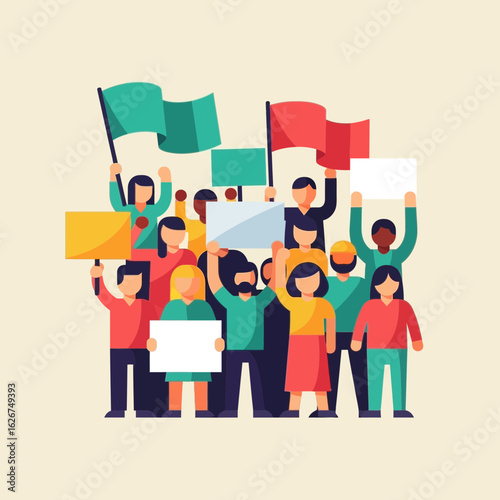 Group of people holding signs and flags in a protest or demonstration.