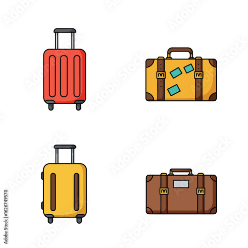 Four colorful suitcases with handles and wheels isolated on white background, perfect for travel, vacation, or business trips, showcasing different styles and colors