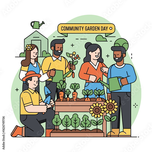 People gardening together in a community garden with plants and gardening tools.