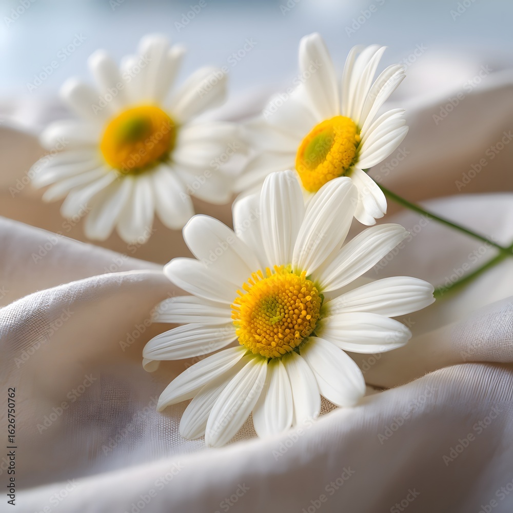 Fototapeta premium Elegant Daisies on Soft Fabric A Delicate Floral Composition for Spring and Summer Projects Featuring White Petals and Yellow Centers