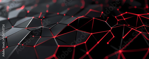 Abstract geometric network of glowing red lines connecting nodes on a dark, textured surface, symbolizing data transfer and connectivity