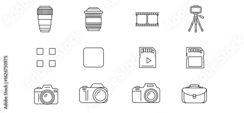 Illustrated line art icons of photography and videography equipment and accessories