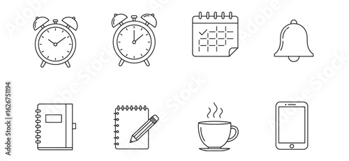 Minimalist icon set representing time scheduling reminders and daily routine elements