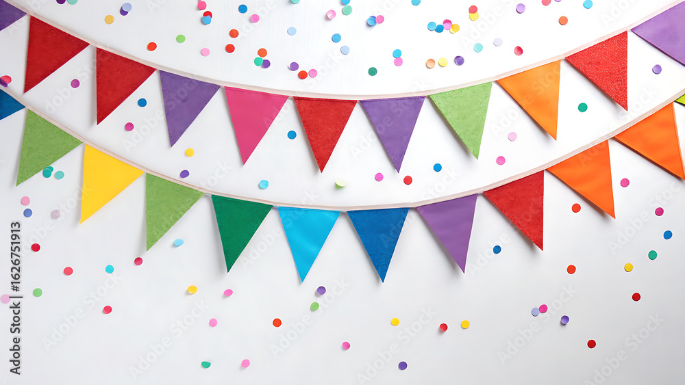 Obraz premium Vibrant colorful triangle bunting flags strung across a white background with falling confetti creating a festive celebration atmosphere