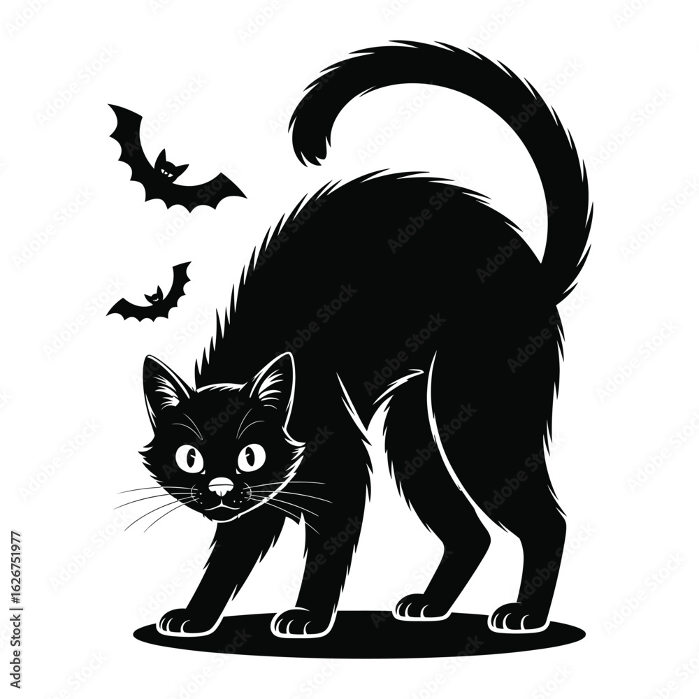 Fototapeta premium Black cat arching back in classic Halloween look, black and white isolated vector silhouette illustration
